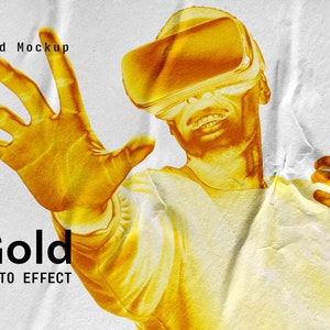Goldener Foto-Layer-Stil für Photoshop / Gold-Bildeffekt / Gold-Fotoeffekt Mockup auf selbstklebendem Papier