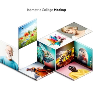 May include: Isometric collage mockup with various images, including a chameleon, a bee, a woman, a man with a beard, a field of flowers, a person in a spacesuit, a gopher, and a colorful paint splatter.