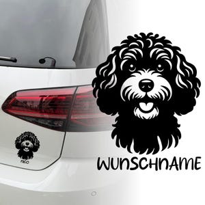 Könnte beinhalten: Schwarz-weiße Silhouette eines Pudels mit dem Text "WUNSCHNAME" darunter. Eine kleinere Version desselben Bildes befindet sich auf einem weißen Auto mit dem Text "nico" darunter.