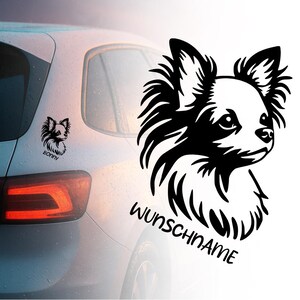 Könnte beinhalten: Schwarz-weißer Chihuahua-Hundeaufkleber. Das Design zeigt eine detaillierte Illustration des Kopfes eines Chihuahuas mit dem Text "WUNSCHNAME" in einer stilisierten Schriftart. Eine kleinere Version der Hundeillustration mit dem Namen "BONNY" ist ebenfalls sichtbar.