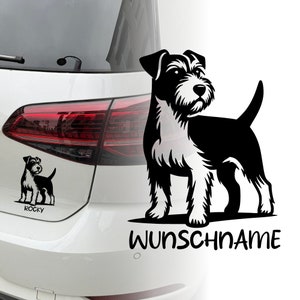 Könnte beinhalten: Schwarz-weiße Silhouette eines Terrier-Hundes mit dem Text "Wunschname" darunter. Eine kleinere Version des Hundes ist mit dem Text "Rocky" darunter abgebildet.