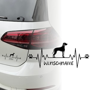 Puede incluir: Calcomanía para coche en blanco y negro con un gráfico de latido del corazón y una silueta de perro. La calcomanía dice "Jonny" y "Wunschname".