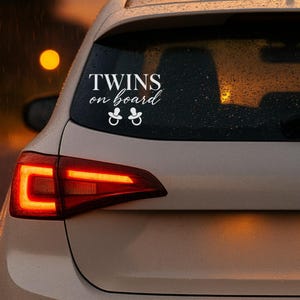 Könnte beinhalten: Weißer Autoaufkleber mit dem Text "TWINS on board" und zwei Schnuller-Grafiken. Der Aufkleber befindet sich auf der Heckscheibe eines weißen Autos. Das rote Rücklicht des Autos leuchtet.