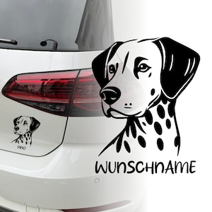 Könnte beinhalten: Schwarz-weiße Silhouette eines Dalmatiner-Hunde-Kopfes mit Flecken. Der Hund schaut nach links. Der Text "WUNSCHNAME" befindet sich unter dem Kopf des Hundes. Eine kleinere Version der Hundesilhouette befindet sich unten links mit dem Text "PINO" darunter.