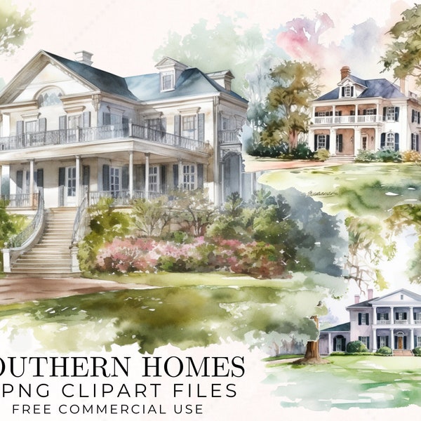 Southern house clipart, watercolor homes, plantation house, digital art, clip art, digital watercolor art, vintage clipart, instant download
