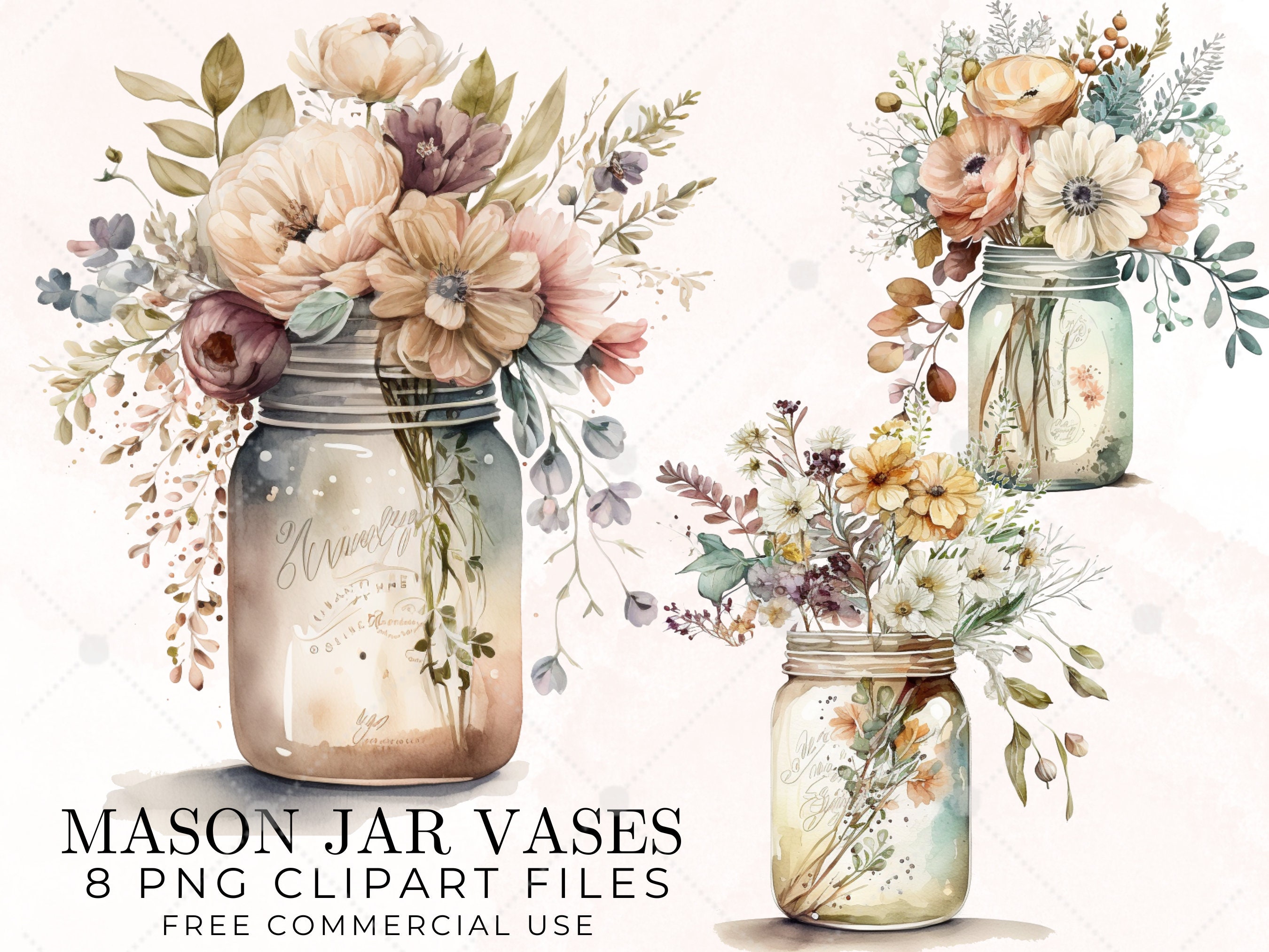 Mason Jar Clipart, Watercolor Mason Jar Vase, Vase Clipart, Digital Art