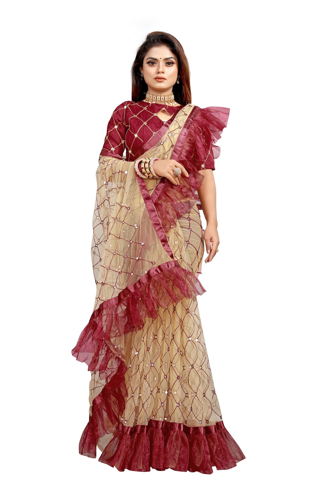 Cream Net Saree