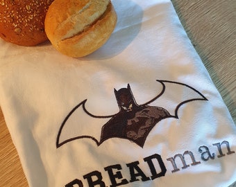 Bread bag "BREADman" sustainable and reusable made from grandma's fabrics with beautiful embroidery.