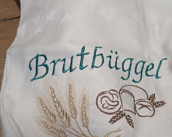 Brotbeutel "Brutbüggel" nachhaltig und wiederverwendbar aus Omas Stoffen mit schöner Stickerei.