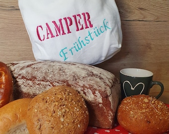 Brotbeutel "Camper Frühstück" nachhaltig und wiederverwendbar aus Omas Stoffen mit schöner Stickerei.