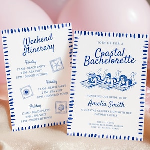Peut inclure: Deux cartons blancs avec du texte et des illustrations bleues. L'un indique "Weekend Itinerary" et l'autre "Coastal Bachelorette". La carte de bachelorette comprend le nom "Amelia Smith" et les détails de l'événement. Des ballons roses et des boules disco sont en arrière-plan.