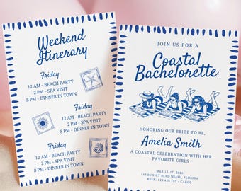 Bachelorette Itinerary, Coastal Bachelorette Weekend Invitation, Bridal Shower Invitation, Hen Party, Girls Trip,Printable Canva Template