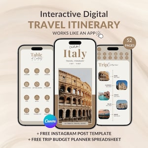 Modelo de itinerário de viagem, planejador de viagens para celular, guia de viagem editável para a Itália, guia de viagem editável no Canva