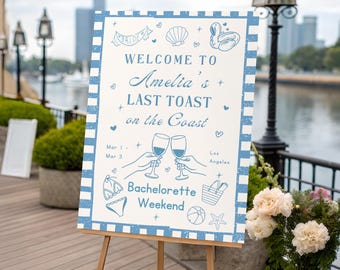 Placa de boas-vindas "Último brinde na costa", Quadro de boas-vindas para despedida de solteira para imprimir, Placa para festa de despedida de solteira com tema praiano, Modelo editável do Canva, Decoração para fim de semana de despedida de solteira
