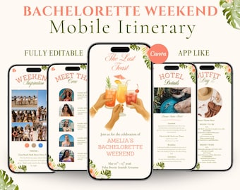 Bachelorette Itinerary Template, Digital Mobile Itinerary, Digital Invitation, Bachelorette Weekend, Itinerary, Canva, Bach guide, Coastal