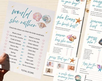 May include: A set of bridal shower games with a beach theme. The games include "Would She Rather," "What's in Your Bag?", "Who Knows the Bride Best?", "Never Has She Ever," "Guess That Age!", "Naughty or Nice!", "Scavenger Hunt," "Guess Who?", and "Tips for the Bride."