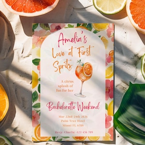 Love at First Spritz Bachelorette Invitation, Citrus Floral Pink Orange Aperol Hen Do Invitations, Beach Party Weekend Invitation Template