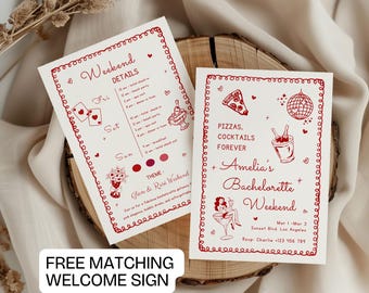 Bachelorette Einladung Party Wochenende, Hen Party einladen, Brautparty Einladung, Canva Vorlage, druckbare Bachelorette Reiseverlauf einladen