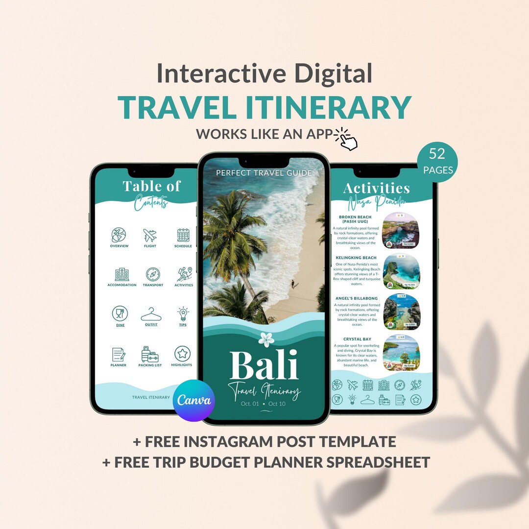 Bali Travel Itinerary Template, Digital Vacation Planner, Mobile Trip Guide Canva, Editable Bali ...