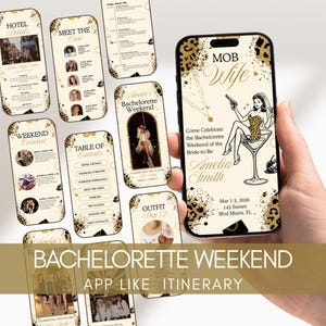 Könnte beinhalten: Ein Smartphone mit einer App für einen Junggesellinnenabschied. Die App zeigt verschiedene Bildschirme mit Eventdetails, Hotelinformationen, Wochenendübersicht und Outfit-Vorschlägen. Der Hauptbildschirm hat ein "MOB Wife"-Thema mit einer Frau in einem Martini-Glas.