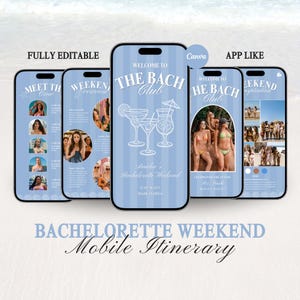 以下が含まれることがあります： 青い白の携帯電話の画面に、バチェロレッテ・ウィークエンドの旅程が表示されています。画面には、イベントのリスト、写真、そして「The Bach Clubへようこそ」というテキストが表示されています。