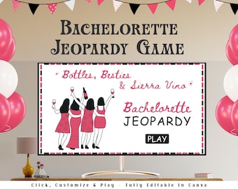 Bachelorette Jeopardy Partyspiel, Bachelorette Trivia Spiel, Hen Do Partyspiel, bearbeitbare Brautdusche Spiele Canva Powerpoint
