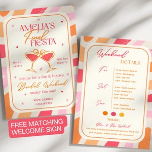 Puede incluir: Juego de invitaciones de dos caras con temática de fin de semana de despedida de soltera. El diseño presenta una combinación de colores rosa, naranja y blanco con el texto "Amelia's Final Fiesta" y "Bridal Weekend". Incluye detalles del evento e información de RSVP.