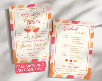 Fiesta Tequila Sunrise Pink Orange Bachelorette Invitation, Citrus Hen Do Invitations, Beach Party Invitation Template, Weekend Itinerary