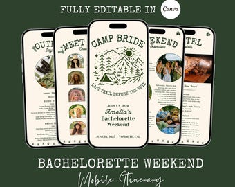Camp Bachelorette Party Itinerary Template,  Digital Mobile Itinerary, Digital Invitation, Bachelorette Weekend, Hens Party Itinerary