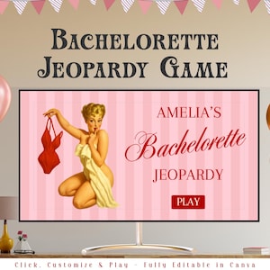 Retro Bachelorette Party Jeopardy Game Template, Pink Retro Bachelorette Jeopardy Trivia Editable Canva Game, Bridal Jeopardy PowerPoint