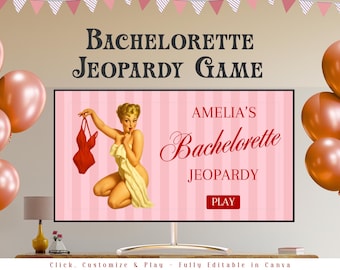 Bachelorette Jeopardy Partyspiel, Bachelorette Trivia Spiel, Hen Do Partyspiel, bearbeitbare Brautdusche Spiele Canva Powerpoint