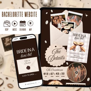 May include: A digital bachelorette party website template displayed on a tablet and smartphone. The design features a dark brown background with coffee bean graphics, photo collages, a countdown timer, and the text Bride in a tini bit.