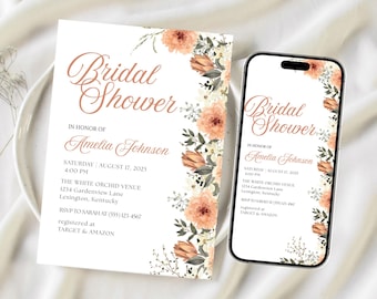 Plantilla de invitación para despedida de soltera en rosa ruborizado, tarjeta imprimible en rosa floreciente, invitación floral editable