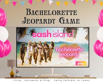 Juego de Jeopardy para despedidas de soltera en la isla / Presentación editable en Canva / Juego de trivia para despedidas de soltera / Margs & Matrimony Bikinis y Martinis