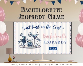 Bachelorette Jeopardy Partyspiel, Bachelorette Trivia Spiel, Hen Do Partyspiel, bearbeitbare Brautdusche Spiele Canva Powerpoint