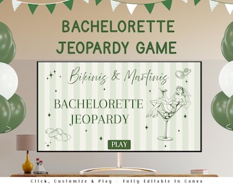 May include: A digital display with the text "Bachelorette Jeopardy Game" and "Bikinis & Martinis." The screen features a bride illustration in a martini glass. Green and white balloons and decorative banners frame the display.