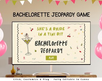 Bachelorette Jeopardy Game, Bride in a Tini Bit Canva Presentation, Hen Party Game, Bridal Shower Trivia Template