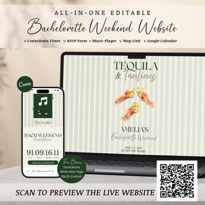 May include: A digital bachelorette weekend website design displayed on a laptop and smartphone. The website features a countdown timer, RSVP form, music player, map link, and Google Calendar integration. The design includes the text "Tequila & Tanlines" and "Amelia's Bachelorette Weekend."