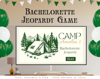 May include: A digital display shows a "Bachelorette Jeopardy Game" with a camping theme. The screen features a tent illustration, text that reads "Camp Amelia's Bachelorette Jeopardy," and a "Play" button. Green and white balloons and decorative banners frame the display.