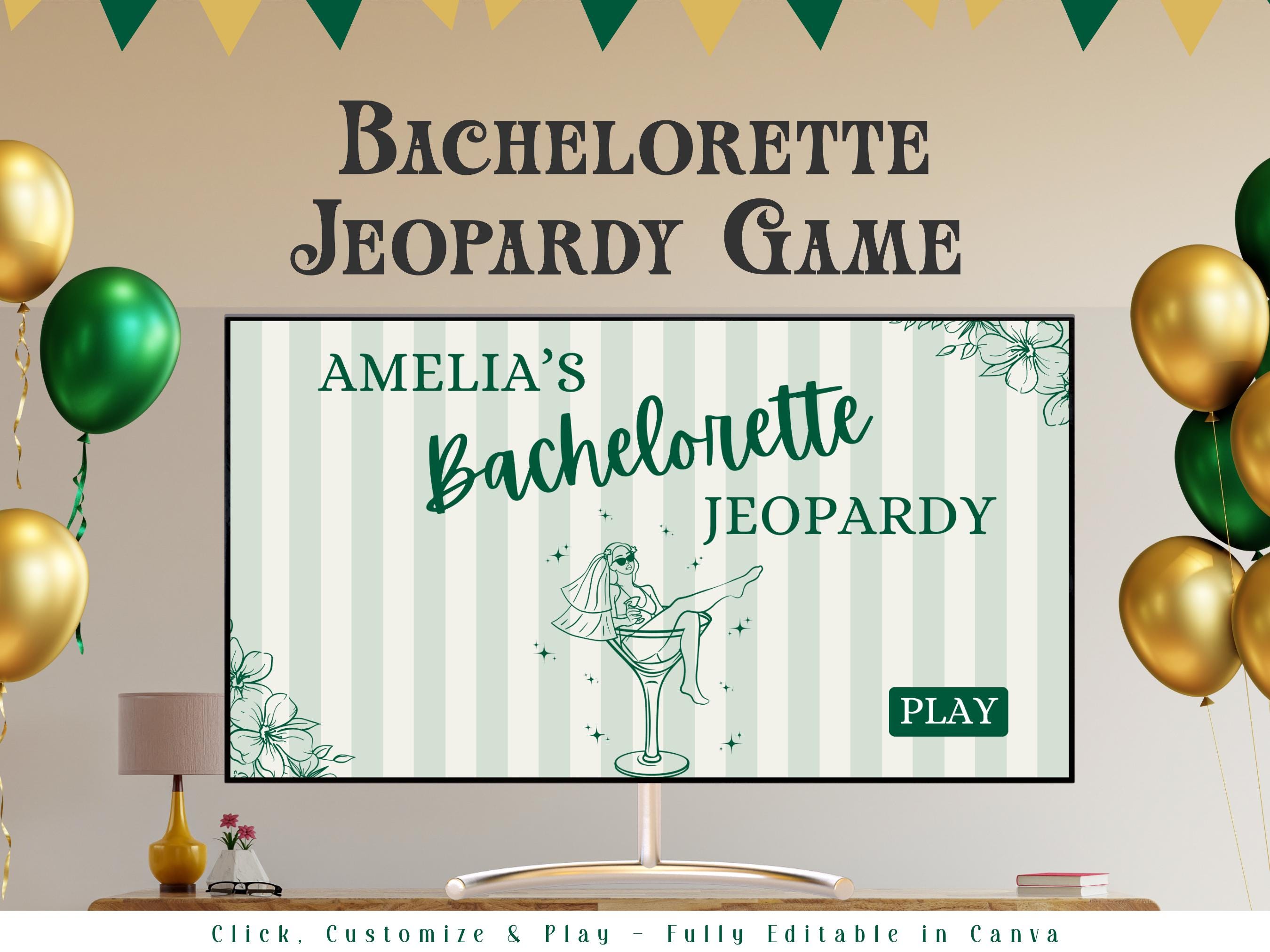 Jogo Jeopardy de despedida de solteira retrô I Apresentação editável do Canva | Jogo de perguntas e respostas de despedida de solteira | Margs e matrimônio | Biquínis e martinis