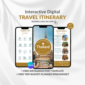 Travel Itinerary Template, Mobile Travel Planner, Editable Thailand Travel Guide, Traveling Guide Editable in Canva, Travel Agent Planner