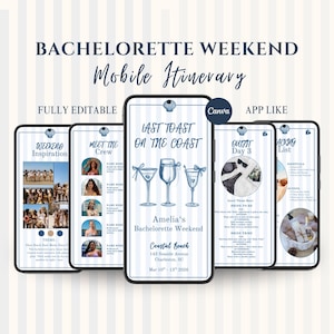 Puede incluir: Un itinerario móvil para una despedida de soltera con temática costera. El diseño incluye múltiples pantallas de teléfono que muestran los detalles del evento, gráficos de cócteles y el texto "Last Toast on the Coast". El itinerario es totalmente editable.