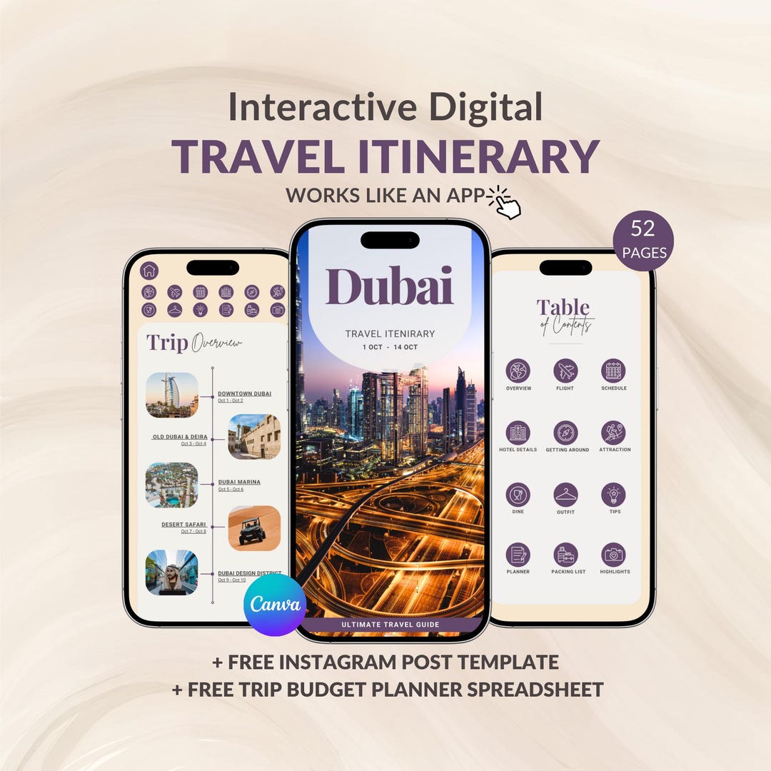 Travel Itinerary Template, Mobile Travel Planner, Editable Dubai Travel ...