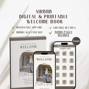 Puede incluir: Un libro de bienvenida digital e imprimible para huéspedes de Airbnb. El libro está diseñado para ser interactivo y similar a una aplicación, con una opción de tamaño móvil y carta. Incluye un mensaje de bienvenida, una guía para el visitante y páginas adicionales. El libro es editable en Canva.