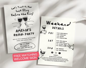 May include: Two white paper invitations for a bridal party. The left invitation reads "Amelia's Bridal Party" with event details. The right invitation lists weekend details, including hotel check-in, beach party, and spa visit.