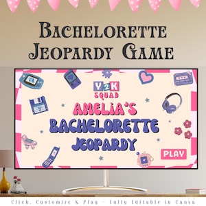 Retro Y2K Bachelorette Party Jeopardy Game Template, Retro Bachelorette Jeopardy Trivia Editable Canva Game, Bridal Jeopardy PowerPoint
