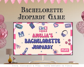 Bachelorette Jeopardy Partyspiel, Bachelorette Trivia Spiel, Hen Do Partyspiel, bearbeitbare Brautdusche Spiele Canva Powerpoint