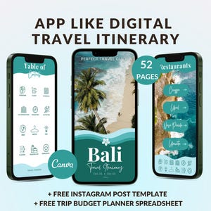 May include: A digital travel itinerary for Bali, with a turquoise and white color scheme. The itinerary includes a table of contents, a 52-page travel guide, and a list of restaurants. The text on the screen reads "Bali Travel Itinerary Oct. 11 - Oct. 18".