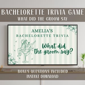 Peut inclure: Impression numérique encadrée pour un jeu de questions-réponses d'enterrement de vie de jeune fille. Le design comprend le texte "BACHELORETTE TRIVIA GAME" et "WHAT DID THE GROOM SAY". Le texte "AMELIA'S BACHELORETTE TRIVIA" et "What did the groom say?" est également présent.
