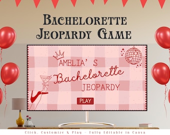 Bachelorette Jeopardy Partyspiel, Bachelorette Trivia Spiel, Hen Do Partyspiel, bearbeitbare Brautdusche Spiele Canva Powerpoint